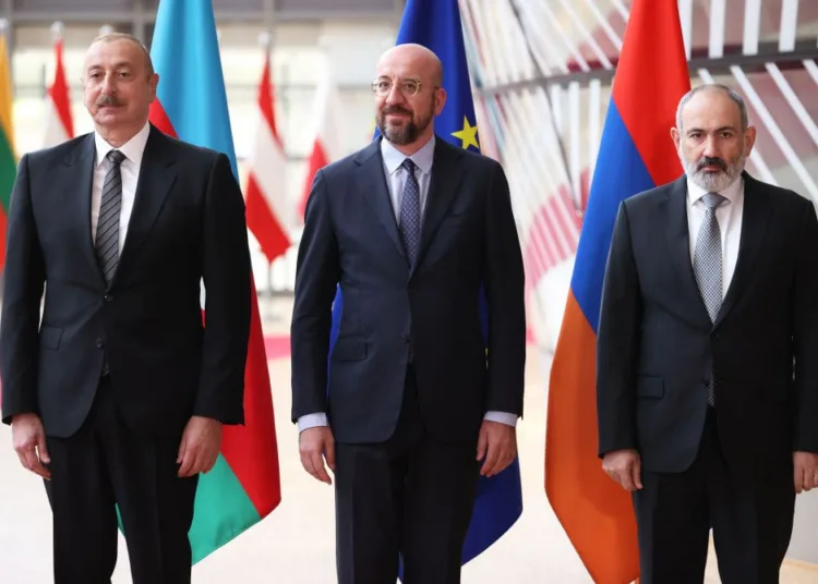 BRUSSELS, BELGIUM - MAY 14: President of Azerbaijan Ilham Aliyev, Prime Minister of Armenia Nikol Pashinyan, President of the European Council Charles Michel arrive to hold a meeting in Brussels, Belgium on May 14, 2023. (Photo by Dursun Aydemir/Anadolu Agency via Getty Images)