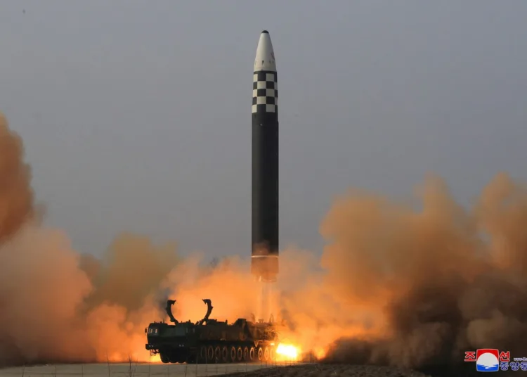 General view during the test firing of what state media report is a North Korean "new type" of intercontinental ballistic missile (ICBM) in this undated photo released on March 24, 2022 by North Korea's Korean Central News Agency (KCNA). KCNA via REUTERS
