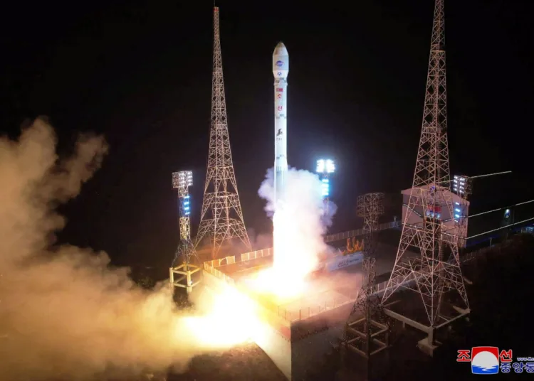 A rocket carrying a spy satellite Malligyong-1 is launched, as North Korean government claims, in a location given as North Gyeongsang Province, North Korea in this handout picture obtained by Reuters on November 21, 2023. KCNA via REUTERS