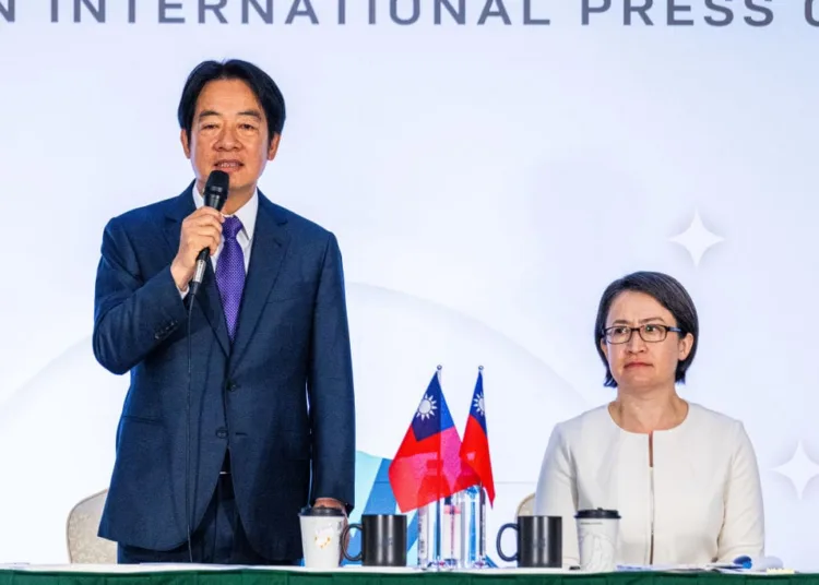 TAIPEI, TAIWAN - JANUARY 09: The ruling Democratic Progressive Party's (DPP) presidential candidate, Lai Ching-te (L), speaks at an international press conference, with his vice presidential candidate, Hsiao Bi-Khim (R), on January 09, 2024 in Taipei, Taiwan. Lai Ching-te, Taiwan's vice president and the ruling Democratic Progressive Party's (DPP) presidential candidate and his vice presidential candidate, Hsiao Bi-Khim, hold an international press conference for the foreign press in Taiwan before Taiwan's presidential election. Taiwan will vote in a general election on Jan. 13. (Photo by Annabelle Chih/Getty Images)