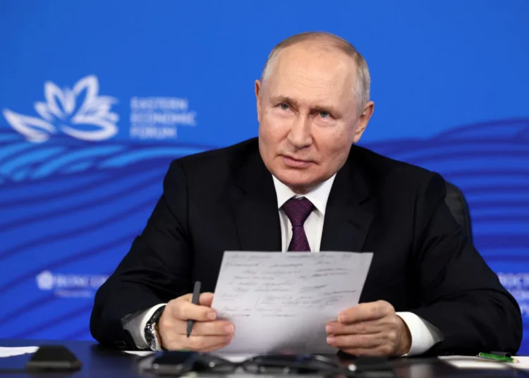 Russian President Vladimir Putin attends a meeting with representatives of business, officials and other participants of the 8th Eastern Economic Forum via a video link in Vladivostok, Russia, September 12, 2023. Sputnik/Mikhail Metzel/Pool via REUTERS