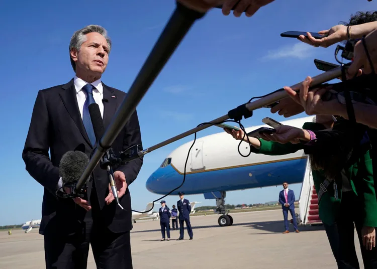 US Secretary of State Antony Blinken speaks before boarding a plane, October 11, 2023, at Andrews Air Force Base, Maryland, en route to Israel. President Joe Biden is dispatching his top diplomat to Israel on an urgent mission to show US support after the unprecedented attack by Hamas militants. (Photo by Jacquelyn Martin / POOL / AFP) (Photo by JACQUELYN MARTIN/POOL/AFP via Getty Images)