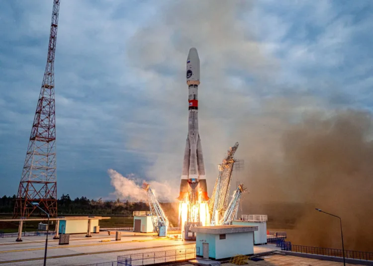epa10794403 A handout image made available by the Roscosmos State Space Corporation shows the Soyuz-2.1b rocket with the moon lander Luna 25 (Moon) automatic station as it takes off from a launch pad at the Vostochny Cosmodrome, outside the city of Tsiolkovsky, some 180 km north of Blagoveschensk, in the far eastern Amur region, Russia, 11 August 2023. The Soyuz rocket with the first lunar spacecraft in the history of modern Russia was launched from the Vostochny Cosmodrome. Luna-25 will be the first station in the world to land in the near-polar zone of the Moon, on difficult terrain. EPA/ROSCOSMOS STATE SPACE CORPORATION HANDOUT EDITORIAL USE ONLY/NO SALES
