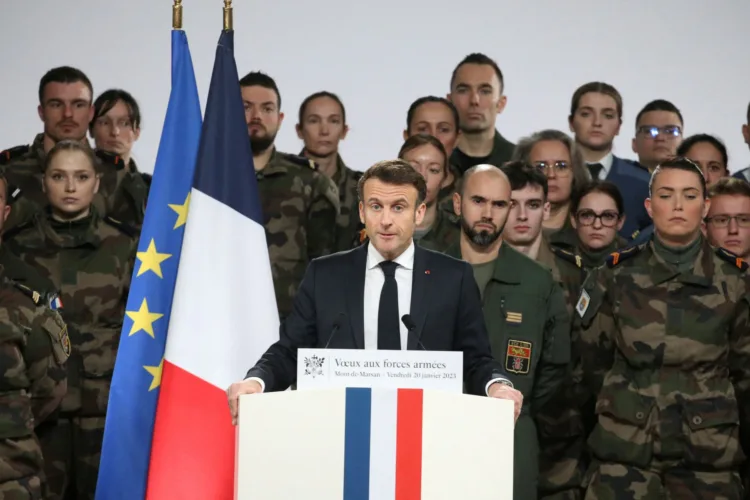 FILE PHOTO-French President Emmanuel Macron delivers his New Year address to the French Army, at the Mont-de-Marsan air base, France January 20, 2023. Bob Edme/Pool via REUTERS