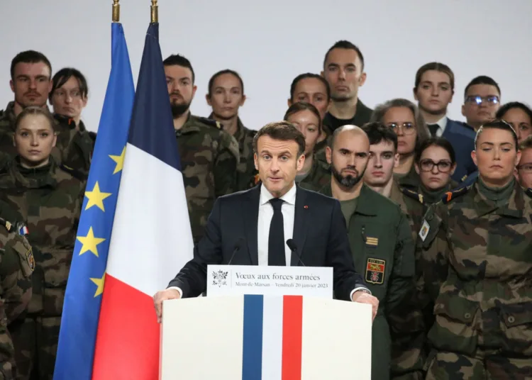 FILE PHOTO-French President Emmanuel Macron delivers his New Year address to the French Army, at the Mont-de-Marsan air base, France January 20, 2023. Bob Edme/Pool via REUTERS