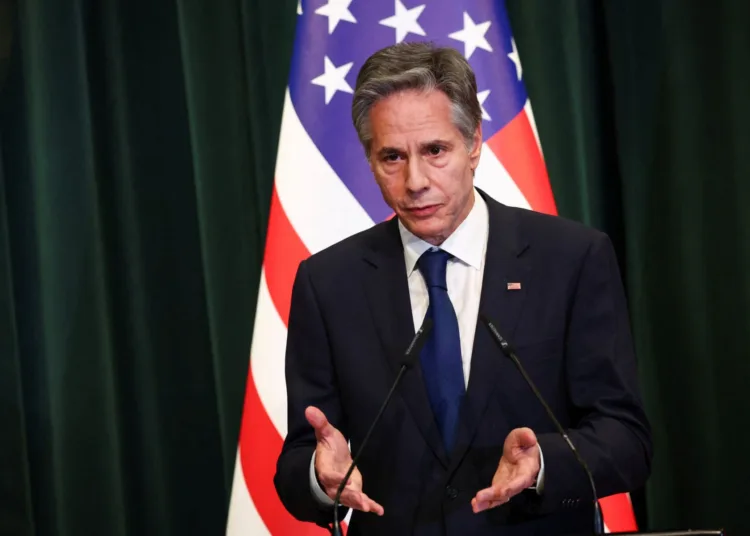 U.S. Secretary of State Antony Blinken takes part in a press conference with Albania's Prime Minister Edi Rama (not pictured) during Blinken's visit to the country, in Tirana, Albania February 15, 2024. REUTERS/Florion Goga