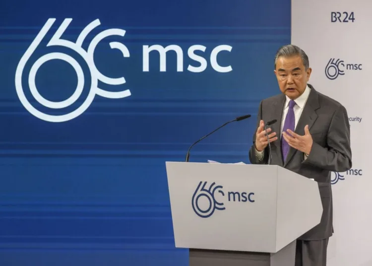 Wang Yi, China's foreign minister, speaks on day two of the Munich Security Conference in Munich, Germany, on Saturday, Feb. 17, 2024. The 60thMunich Security Conferenceruns through Feb. 18, at a time Russias invasion of Ukraine is soon to reach a third year. Photographer: Alex Kraus/Bloomberg