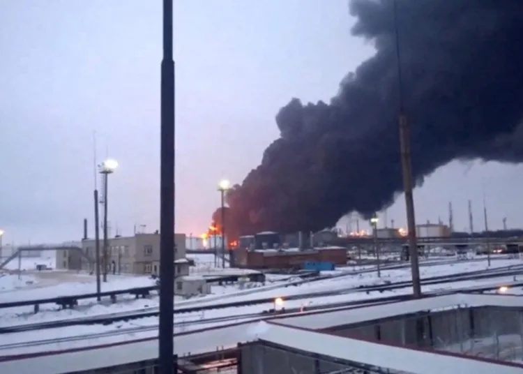 Smoke billows after Ukraine's SBU drone strikes a refinery, amid Russia's attack on Ukraine, in Ryazan, Ryazan Region, Russia, in this screen grab from a video obtained by Reuters, March 13, 2024. Video Obtained By Reuters/via REUTERS