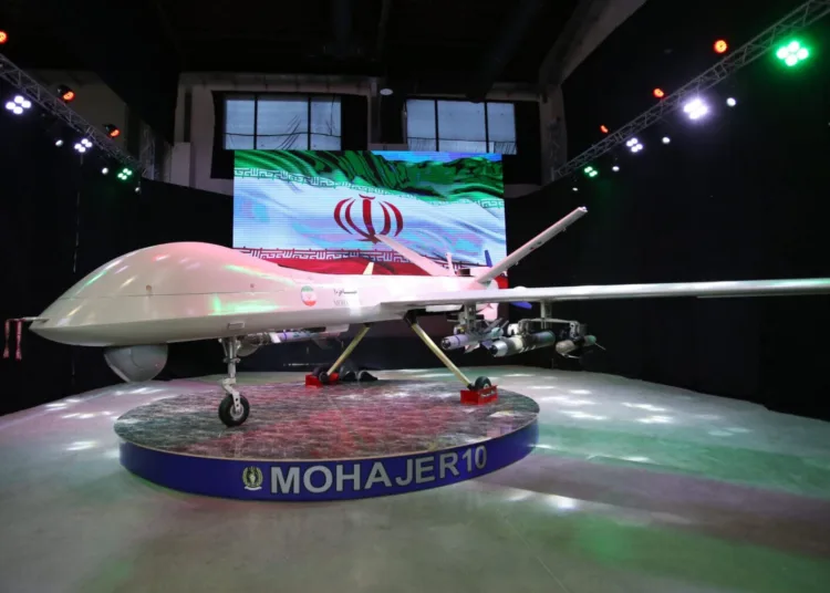 TEHRAN, IRAN - AUGUST 23: Iranian drone 'Mohajer 10' being exhibited during the Defense Industry Fair in Tehran, Iran on August 23, 2023. (Photo by Fatemeh Bahrami/Anadolu Agency via Getty Images)