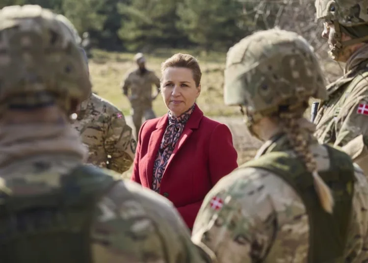 epa11204300 Danish Prime Minister Mette Frederiksen meets conscripts during a visit to Denmark's largest military workplace, Flyvestation Karup (Air Base Karup) in Jutland, Denmark, 07 March 2024. EPA-EFE/Mikkel Berg Pedersen DENMARK OUT