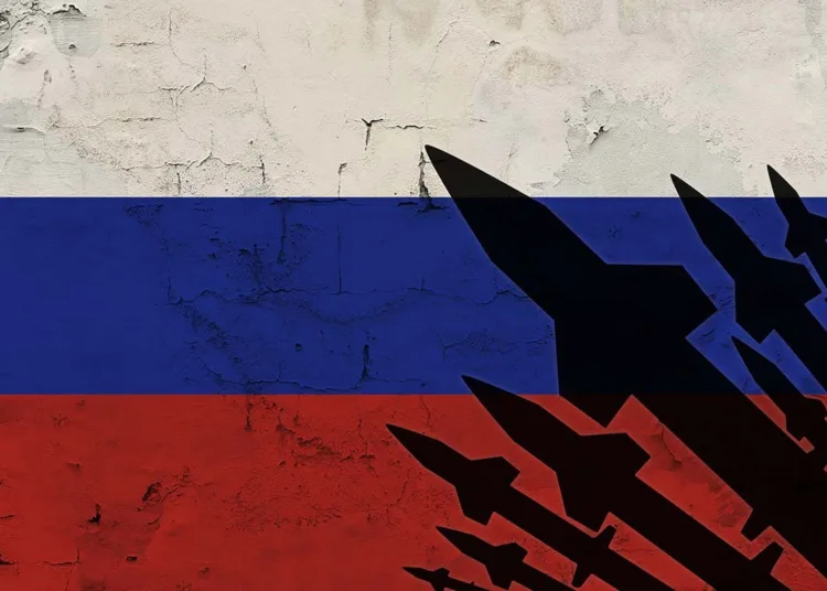 Rockets on the background of the Russian flag, the concept of war