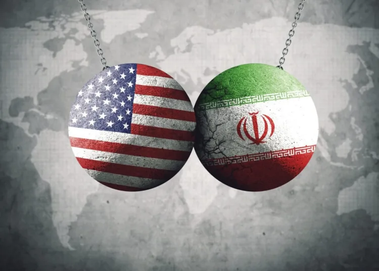 World War 3 illustration concept with USA & Iran flags on two wrecking balls colliding each other