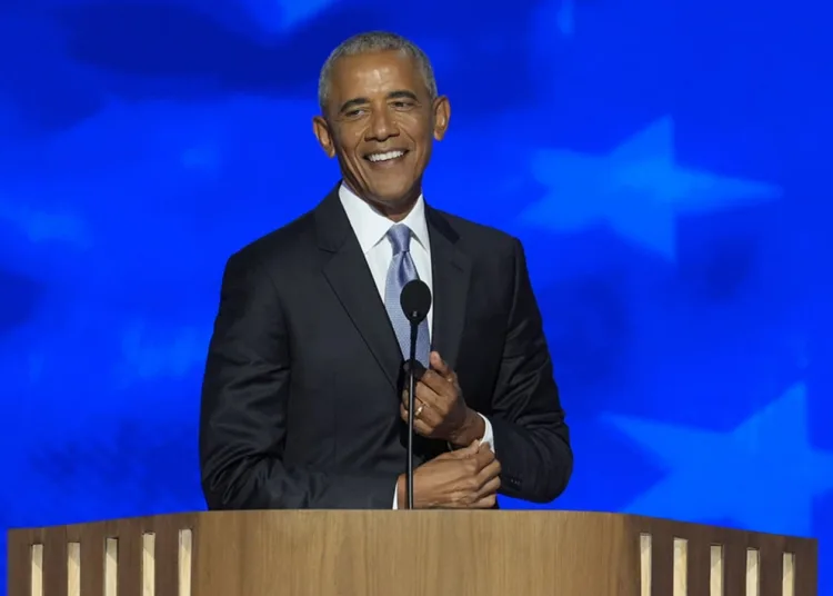 Former President Barack Obama speaking at the Democratic National Convention Tuesday, Aug. 20, 2024, in Chicago. (AP Photo/J. Scott Applewhite)