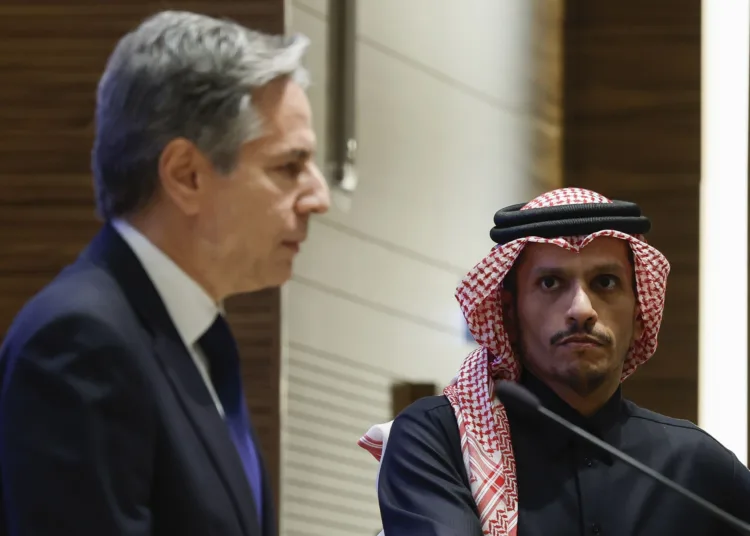 U.S. Secretary of State Antony Blinken, left, and Qatar's Prime Minister and Foreign Minister Sheikh Mohammed bin Abdulrahman Al Thani attend a press conference, during Blinken's week-long trip aimed at calming tensions across the Middle East, in Doha, Qatar, Sunday, Jan. 7, 2024. (Evelyn Hockstein/Pool via AP)