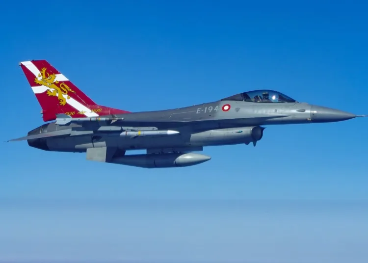 A Danish Air Force F-16 performs a friendly intercept of a U.S. B-52H Stratofortress assigned to the 69th Expeditionary Bomb Squadron at RAF Fairford, England March 31, 2022. The Danish Air Force escorted the 69th EBS on their way to Eastern Europe to integrate with Czech Allies as a part of the pre-planned Bomber Task Force Europe series of missions,. (Air Force Courtesy Photo)
