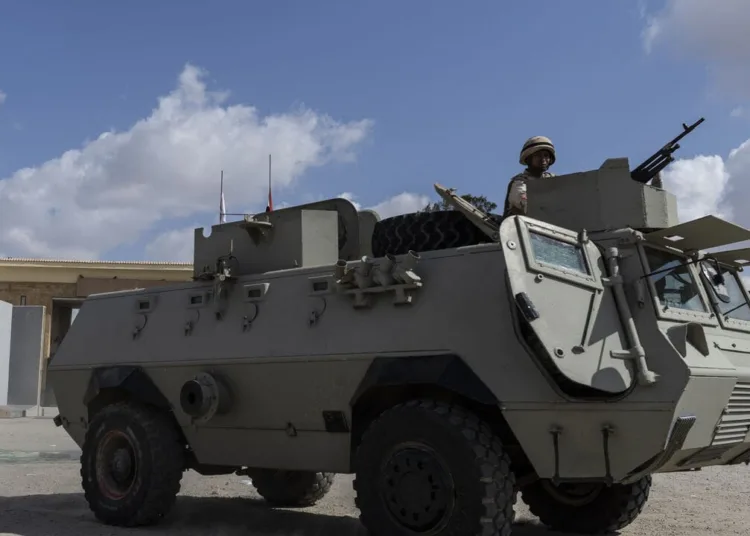 NORTH SINAI, EGYPT - OCTOBER 19: A military vehicle is seen at the Rafah border crossing to Gaza on October 19, 2023 in North Sinai, Egypt. The aid convoy, organized by a group of Egyptian NGOs, set off Saturday 14th October from Cairo for the Gaza-Egypt border crossing at Rafah. On October 7th, the Palestinian militant group Hamas launched a surprise attack on border communities in southern Israel, spurring the most violent flare-up of the Israel-Palestine conflict in decades. Israel launched a vast bombing campaign in retaliation and has warned of an imminent ground invasion. (Photo by Mahmoud Khaled/Getty Images)