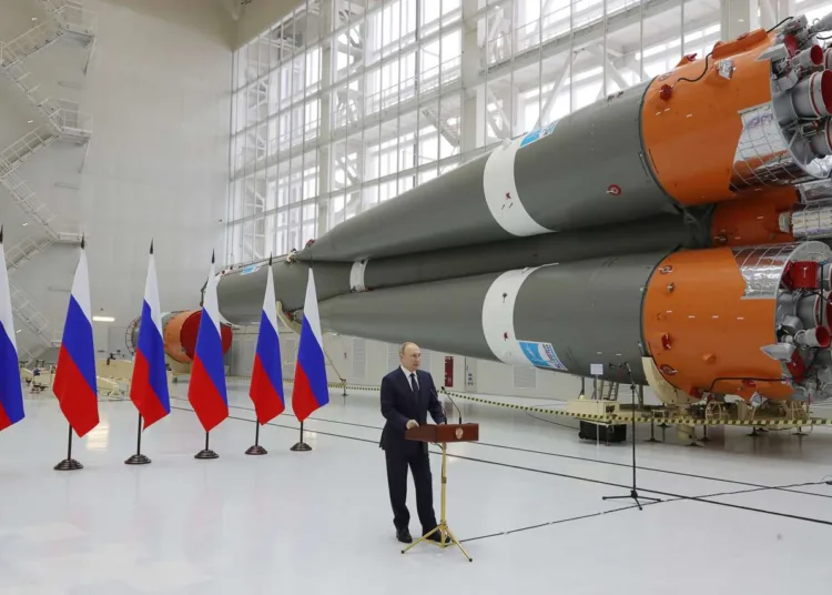 AMUR REGION, RUSSIA - APRIL 12, 2022: Russia's President Vladimir Putin speaks at a ceremony to present government awards at an assembly and test facility at the Vostochny Cosmodrome. Mikhail Klimentyev/Russian Presidential Press and Information Office/TASS/Sipa USA *** Local Caption *** 38683772
