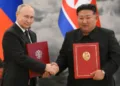 Russia's President Vladimir Putin shakes hands with North Korea's leader Kim Jong Un at a signing ceremony following bilateral talks in Pyongyang, North Korea June 19, 2024. Sputnik/Kristina Kormilitsyna/Kremlin via REUTERS ATTENTION EDITORS - THIS IMAGE WAS PROVIDED BY A THIRD PARTY.