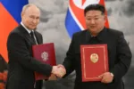 Russia's President Vladimir Putin shakes hands with North Korea's leader Kim Jong Un at a signing ceremony following bilateral talks in Pyongyang, North Korea June 19, 2024. Sputnik/Kristina Kormilitsyna/Kremlin via REUTERS ATTENTION EDITORS - THIS IMAGE WAS PROVIDED BY A THIRD PARTY.