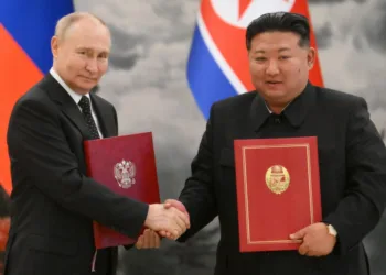 Russia's President Vladimir Putin shakes hands with North Korea's leader Kim Jong Un at a signing ceremony following bilateral talks in Pyongyang, North Korea June 19, 2024. Sputnik/Kristina Kormilitsyna/Kremlin via REUTERS ATTENTION EDITORS - THIS IMAGE WAS PROVIDED BY A THIRD PARTY.