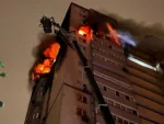 Flames and smoke rise from an apartment building damaged during a Russian drone strike, amid Russia's attack on Ukraine, in Kyiv, Ukraine October 25, 2024. Press service of the State Emergency Service of Ukraine/Handout via REUTERS ATTENTION EDITORS - THIS IMAGE HAS BEEN SUPPLIED BY A THIRD PARTY.