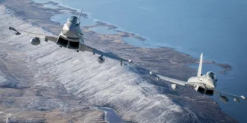 No 1435 Flight Typhoon FGR4, pareja volando sobre las Islas Malvinas durante un vuelo de entrenamiento rutinario (Imagen: MOD).