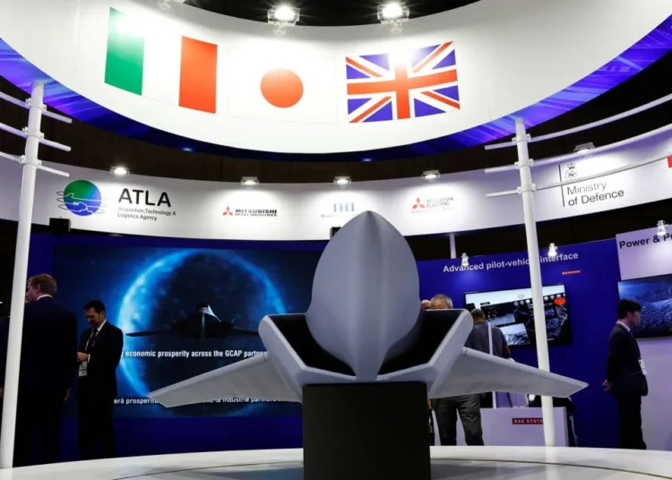 A concept model of the Global Combat Air Programme (GCAP)'s fighter jet is displayed at the DSEI Japan defense show at Makuhari Messe in Chiba, east of Tokyo, Japan March 15, 2023. REUTERS/Kim Kyung-Hoon