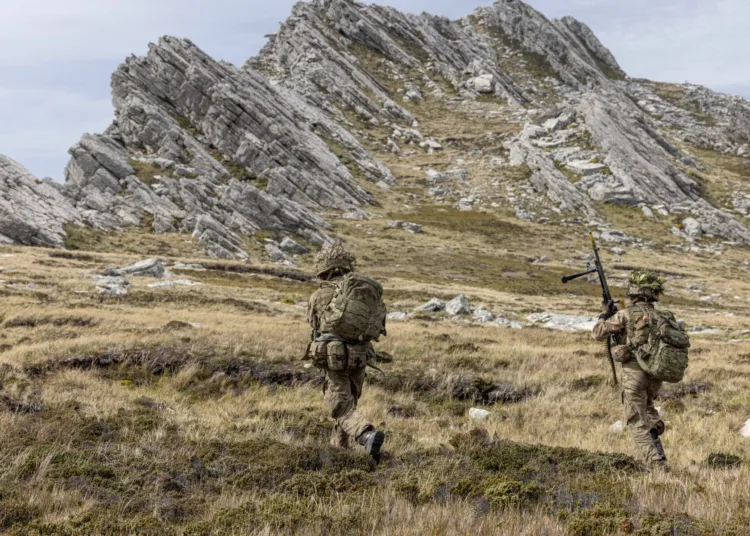 Photographed here are the Roulement Infantry Company (RIC) engaging in Ex Cape Kukri on Mount Wall on the Falkland Islands.
Ex Cape Kukri (usually referred to as Cape Bayonet by other regiments) is the culmination of the RIC's training whilst deployed to the Falkland Islands. A week long exercise across various parts of the islands tests the Royal Gurkha Rifles (2RGR) skills in an arduous environment and over the 1982 Battlefields.