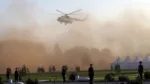 Russian President Vladimir Putin’s Mil MI-8 helicopter arrives to the opening ceremony of the monument to Prince Alexander Nevsky and His Guard.