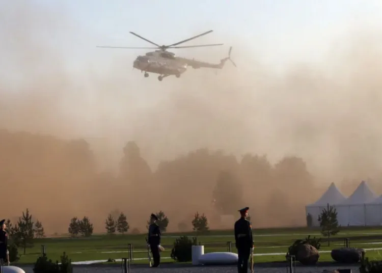 Russian President Vladimir Putin’s Mil MI-8 helicopter arrives to the opening ceremony of the monument to Prince Alexander Nevsky and His Guard.