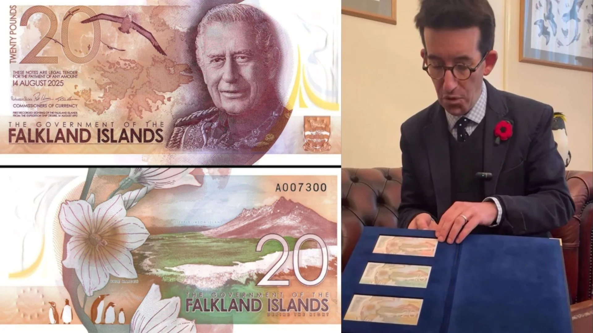 Presentan al rey Carlos III los primeros billetes de la nueva serie emitidos por el gobierno ilegal británico en las Islas Malvinas