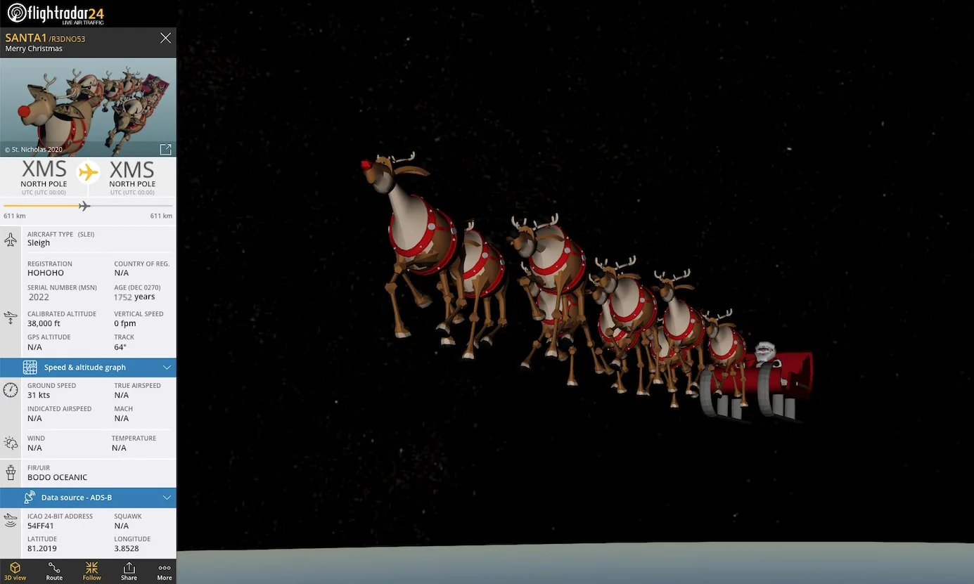 Como ya es una tradición de internet, todos los años el SANTA 1 recorre todo el mundo el día de Navidad. Crédito: Flightradar24 