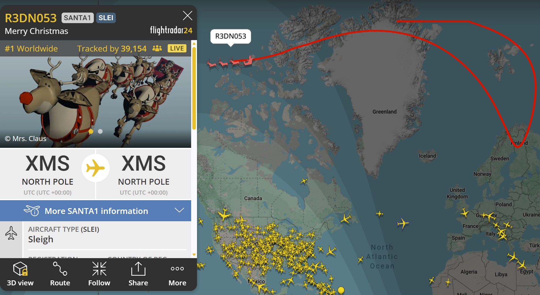Captura de pantalla del seguimiento del Santa Tracker. Crédito: Flightradar24 