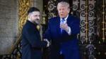 El presidente de los Estados Unidos, Donald Trump, saluda al presidente de Ucrania, Volodymyr Zelensky, en su club Mar-a-Lago el 28 de diciembre de 2025 en Palm Beach, Florida. Trump invitó a Zelensky a su club privado para trabajar en el plan de paz propuesto por Estados Unidos para poner fin a la guerra en Ucrania, mientras el conflicto se acerca a los cuatro años desde la repentina invasión a gran escala por parte de Rusia el 24 de febrero de 2022. (Foto por Joe Raedle/Getty Images)