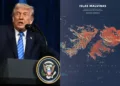 Donald Trump y mapa de las Islas Malvinas. Crédito: Escenario Mundial