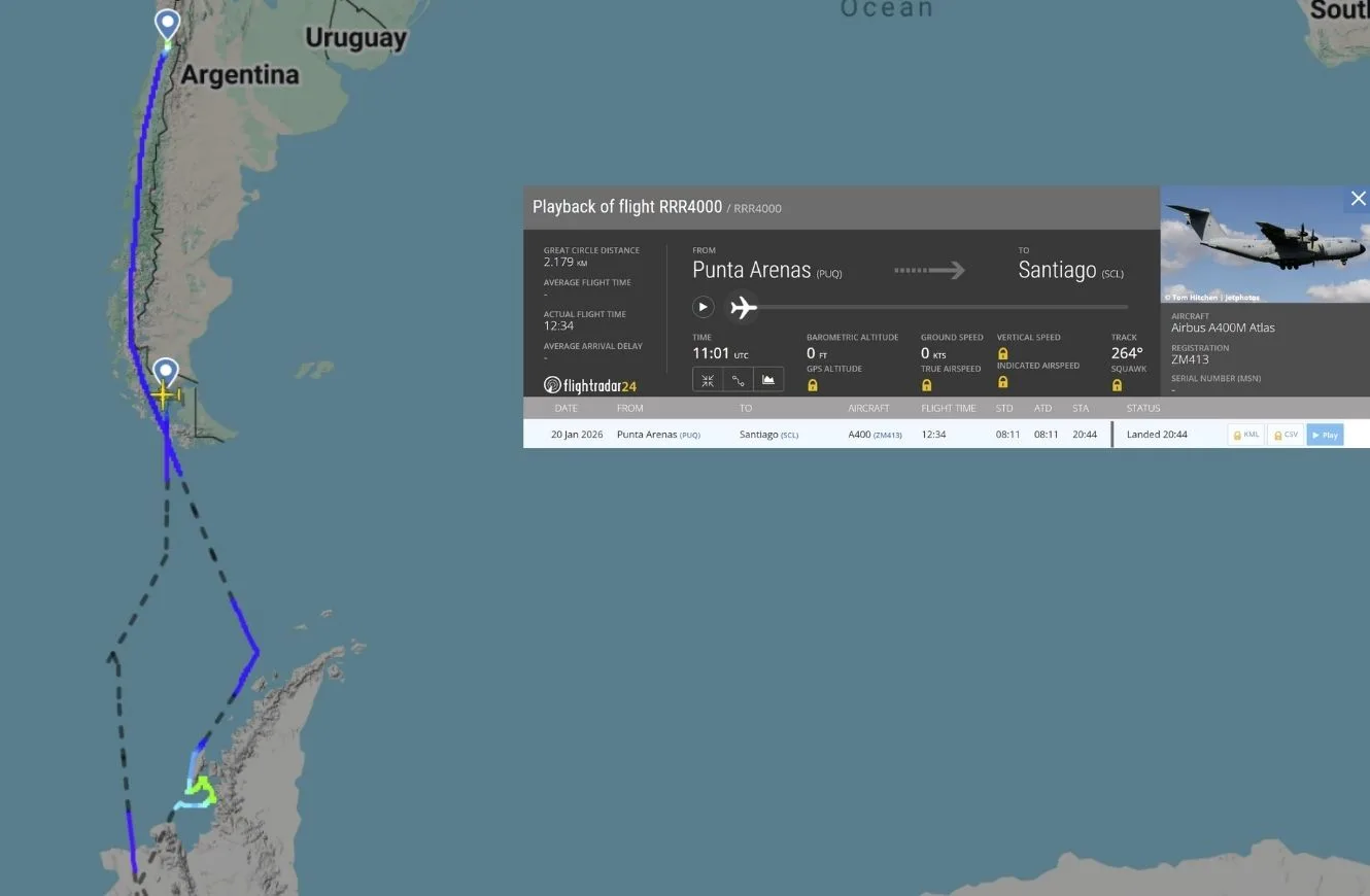 Detalles del vuelo del A400M en la Antártida. Crédito: Flightradar24