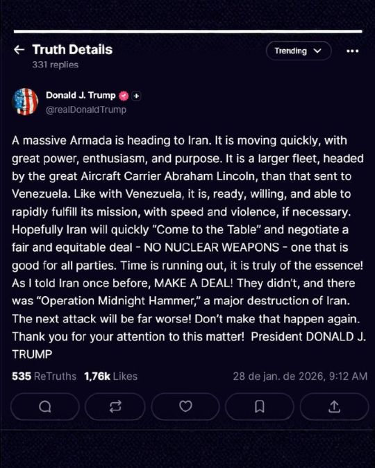 Amenaza de Donald Trump a Irán vía Truth Social.