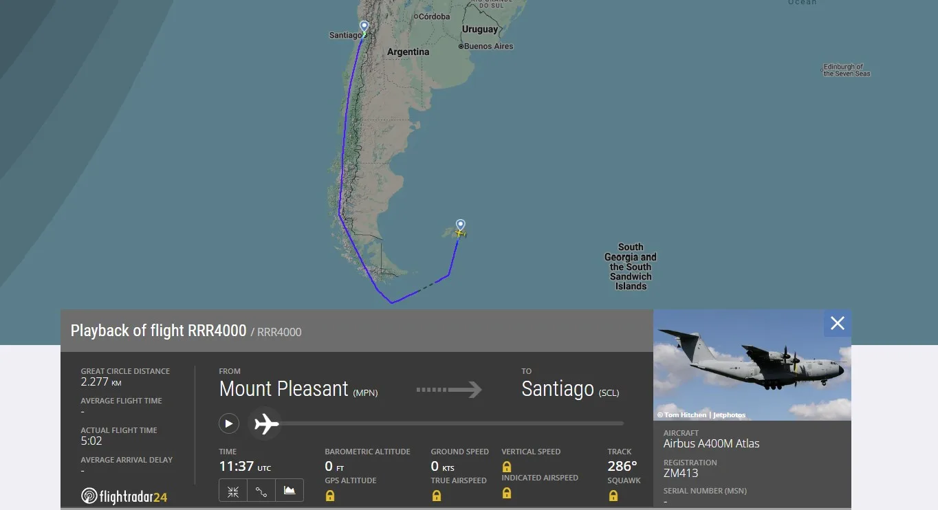 Recorrido realizado por el A400M desde las Islas Malvinas hacia Chile. Crédito: Flightradar24