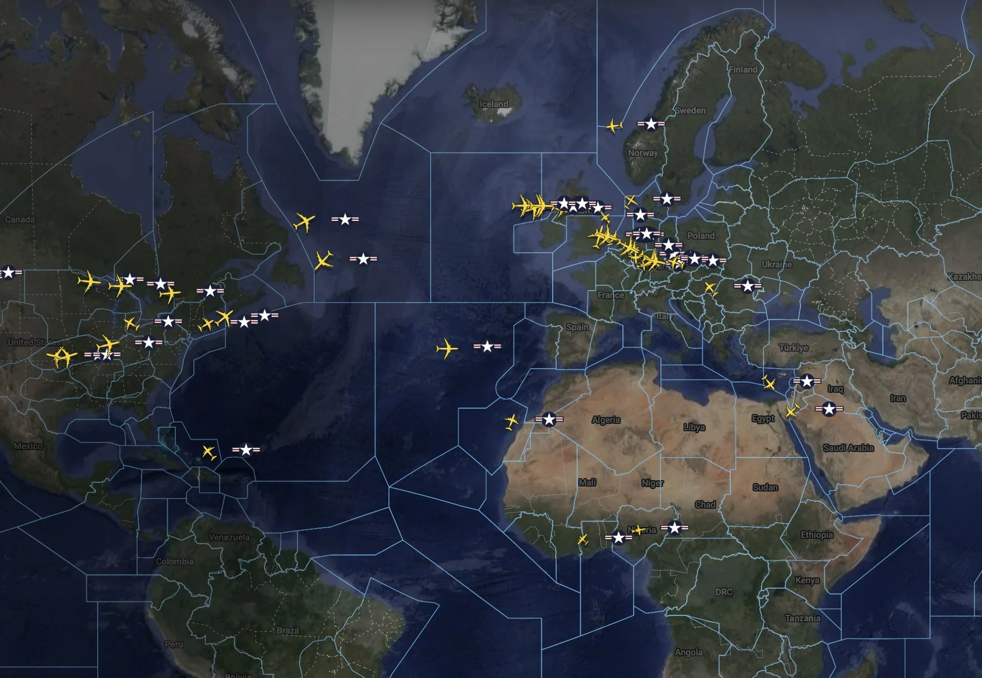 Mapa de Flightradar24 que muestra el despliegue de aviones militares estadounidenses desde EE.UU., a través de Europa, hacia Oriente Medio/ Créditos: Flightradar24
