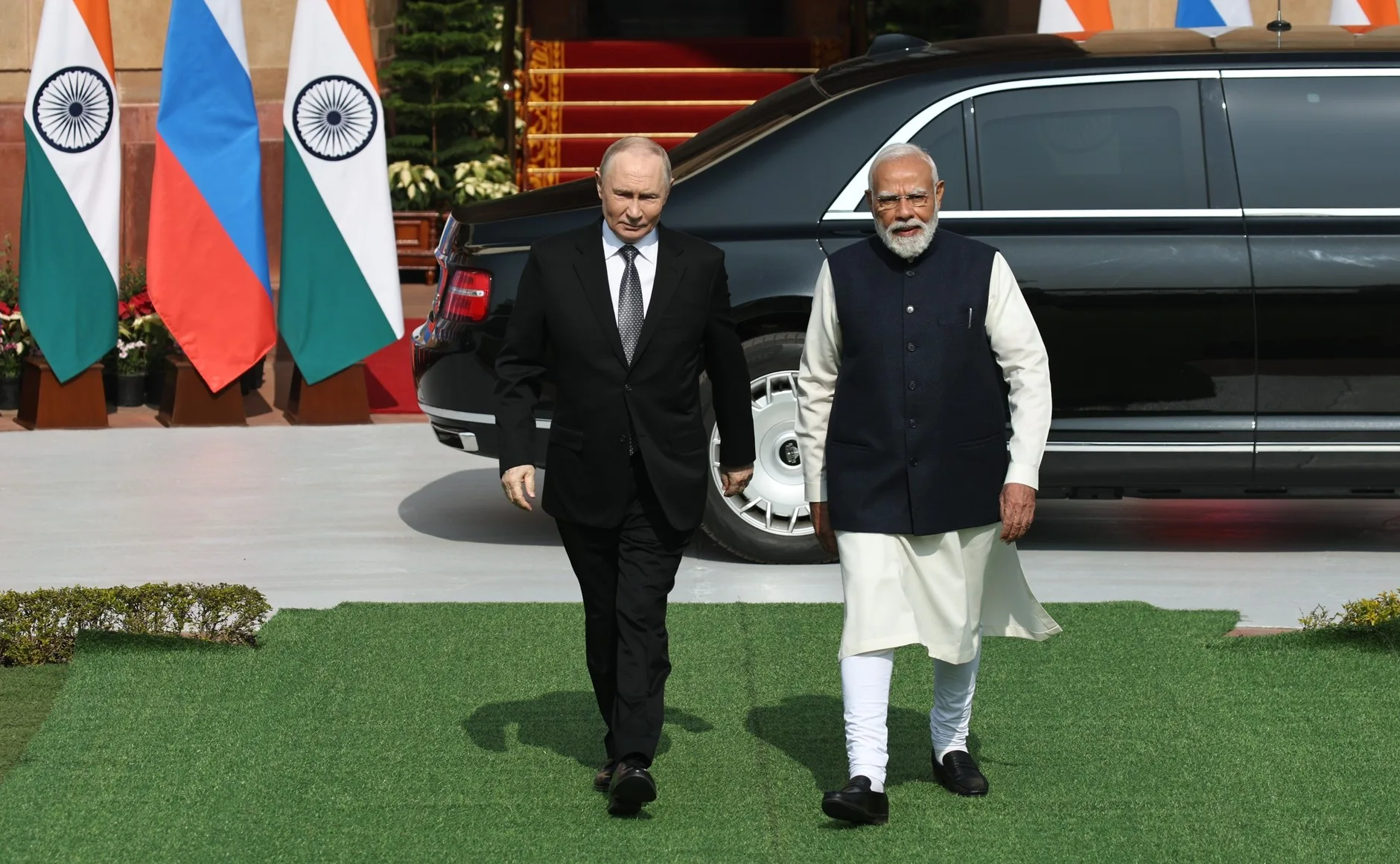 Vladimir Putin se reunió con el primer ministro indio, Narendra Modi, en el Palacio de Hyderabad, el 5 de diciembre de 2025. Créditos: Mikhail Tereshchenko, TASS.