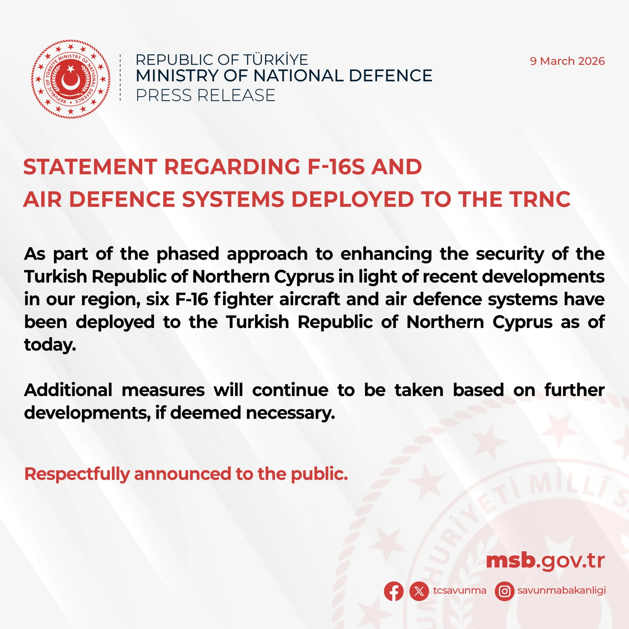 Declaración sobre los F-16 y los sistemas de defensa aérea desplegados en la República Turca del Norte de Chipre/ Créditos: Cuenta oficial X del Ministerio de Defensa Nacional de la República de Turquía.