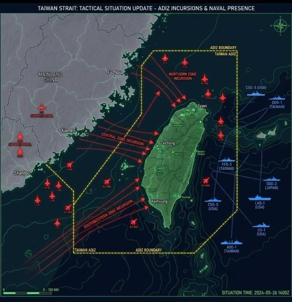 "Trump pidió ayuda a China para abrir el estrecho de Ormuz, pero en lugar de eso, rodearon Taiwán" publicó un usuario en X el 15 de marzo de 2026. Créditos: распад и неуважение.