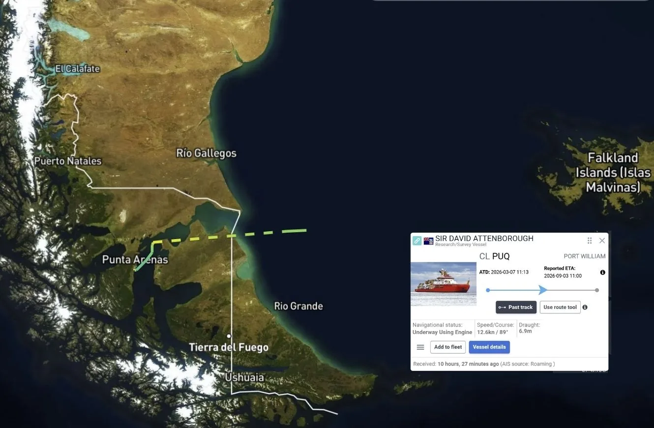 Seguimiento del RRS Sir David Attenborough desde Punta Arenas a las Islas Malvinas. Crédito: Marinetraffic