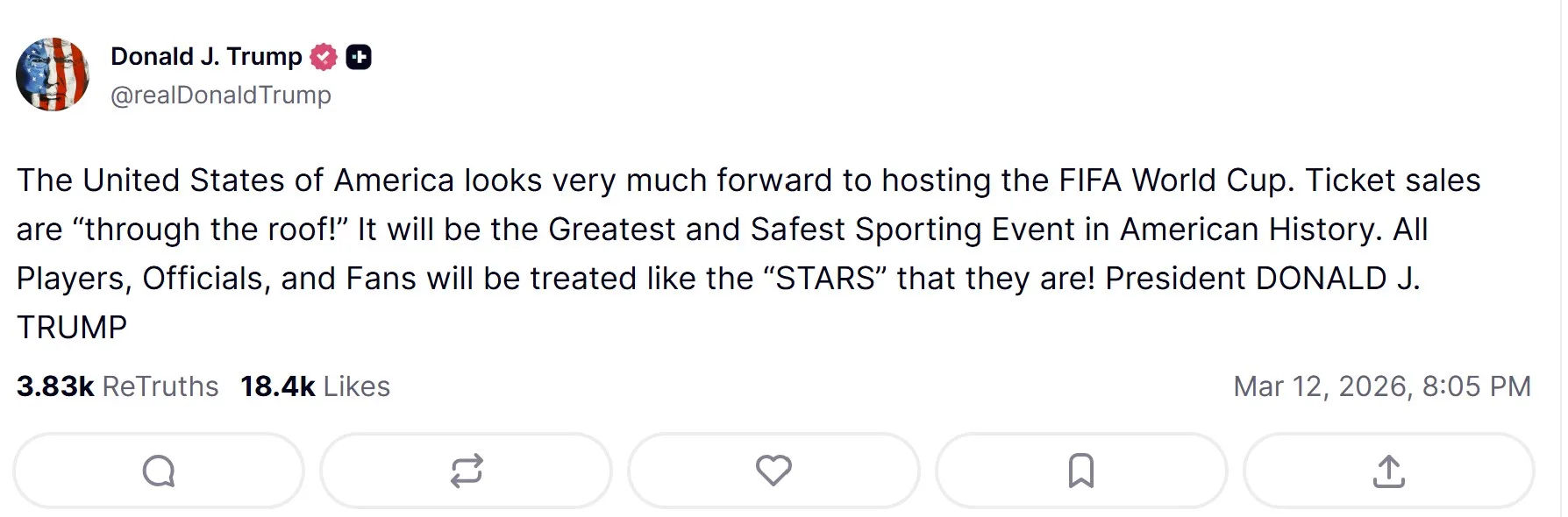 El presidente Donald Trump se mostró contento y expectante por el inicio de la Copa del Mundo. Crédito: Truth social