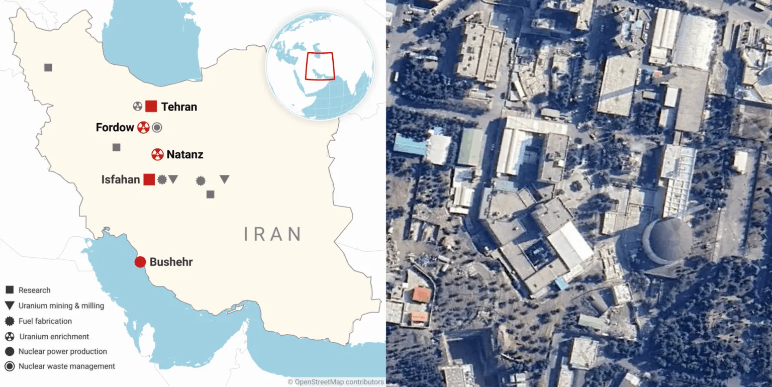 Instalaciones nucleares operativas o probablemente operativas en Irán al 12 de junio de 2025. En rojo se encuentran los principales sitios nucleares. Las ubicaciones son aproximadas. Mapa: Thomas Gaulkin / Datawrapper. Fuente: Nuclear Threat Initiative.