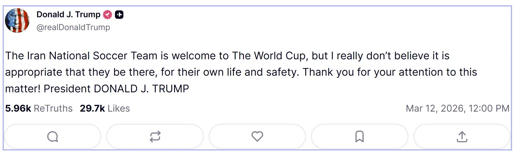 Trump advirtió que no era seguro para la vida de los jugadores ir al mundial. Vía Truth Social