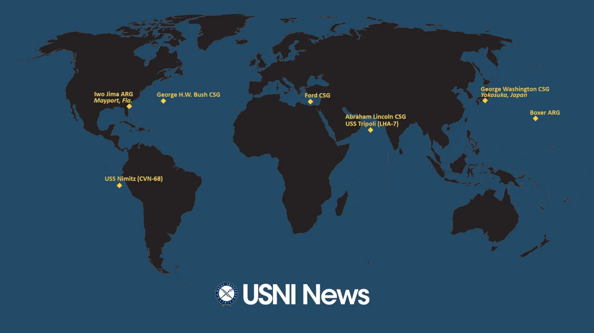Estas son las posiciones aproximadas de los grupos de ataque de portaaviones y los grupos anfibios de la Armada de los Estados Unidos desplegados por todo el mundo a fecha de 6 de abril de 2026, según datos de la Armada y de fuentes públicas. En los casos en que un CSG o un ARG esté llevando a cabo operaciones desagregadas, el gráfico refleja la ubicación del buque insignia. Créditos: Infografía de USNI News.