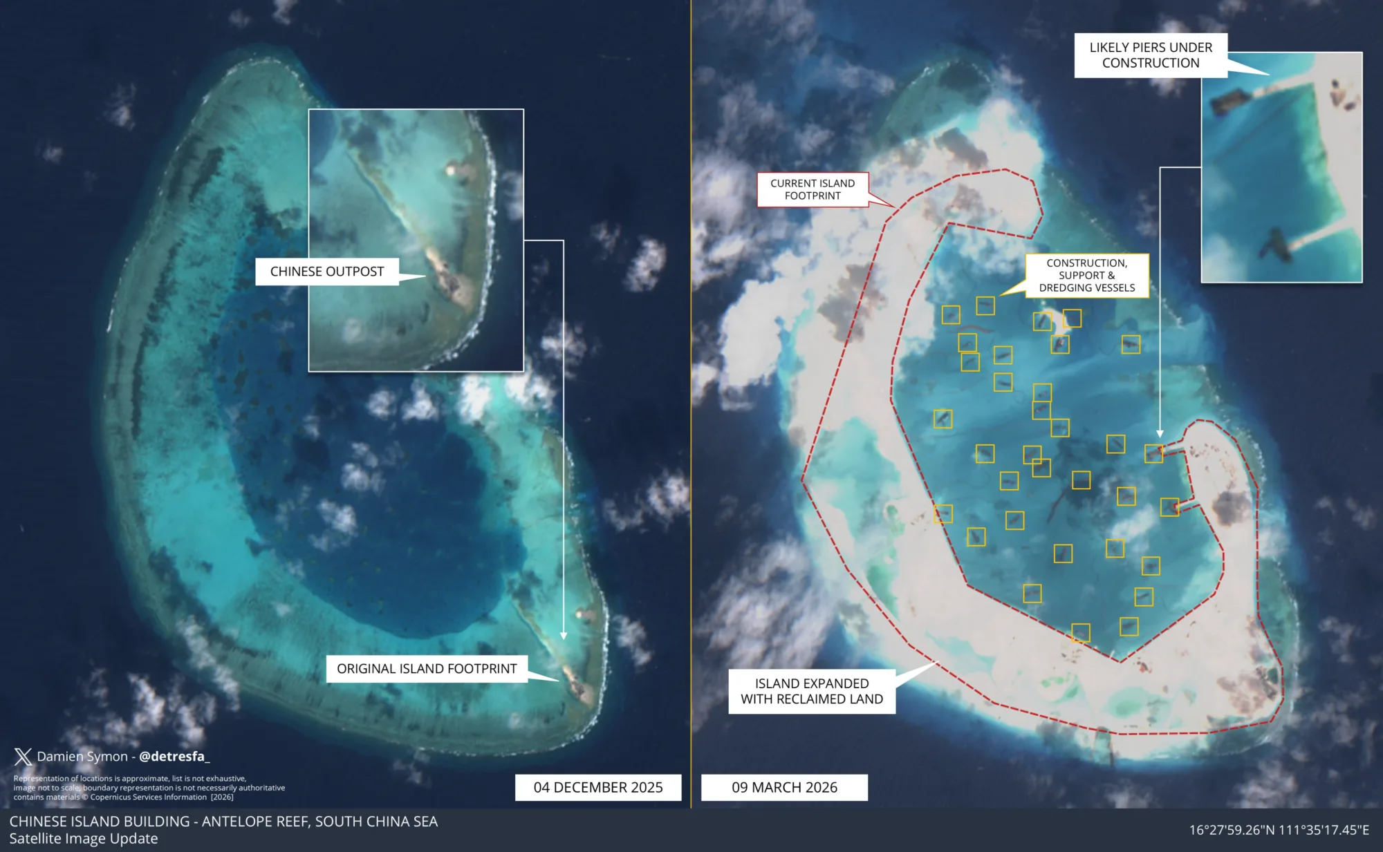 El impulso de construcción de China en el Arrecife Antílope en el Mar de China Meridional continúa; las últimas imágenes ilustran la escala del crecimiento, pasando de un único puesto chino a un desarrollo que abarca todo el atolón en solo tres meses. Créditos: Damien Symon.