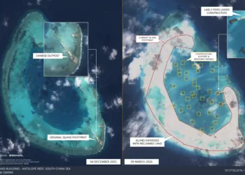 El impulso de construcción de China en el Arrecife Antílope en el Mar de China Meridional continúa; las últimas imágenes ilustran la escala del crecimiento, pasando de un único puesto chino a un desarrollo que abarca todo el atolón en solo tres meses. Créditos: Damien Symon.