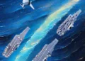 Imagen artística de portaaviones y aviones de combate surcando un océano estilizado, acompañada del lema "乘风破浪 继往开来" (romper olas hacia un futuro brillante). Créditos: China Navy.